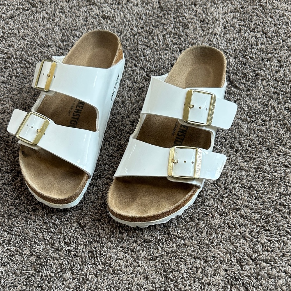 Birkenstock Kids White Sandals with Gold Buckles